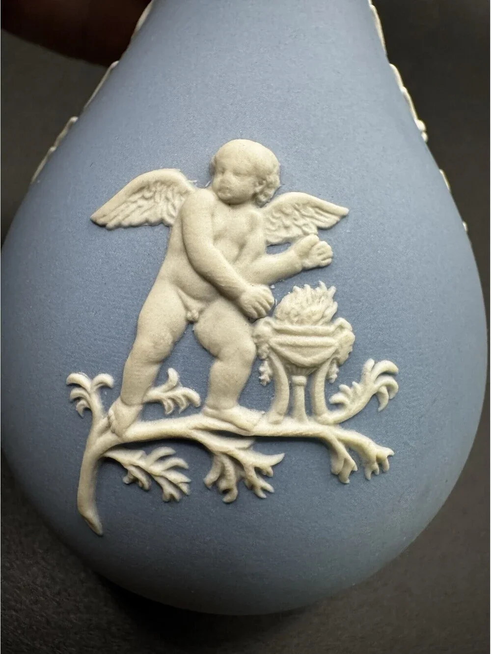 Wedgwood Jasperware Blue Bud Vase - 5” Cherubs